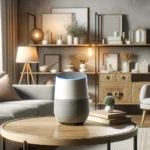 Sala de estar moderna y acogedora con un dispositivo de asistente de voz en una mesa, reflejando tecnología integrada en un hogar contemporáneo.