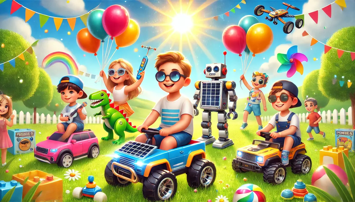 Niños felices jugando con juguetes modernos como dinosaurios LEGO, robots STEM, coches RC y figuras deportivas