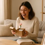 Mamá recibiendo un regalo con emoción en un ambiente hogareño y cálido