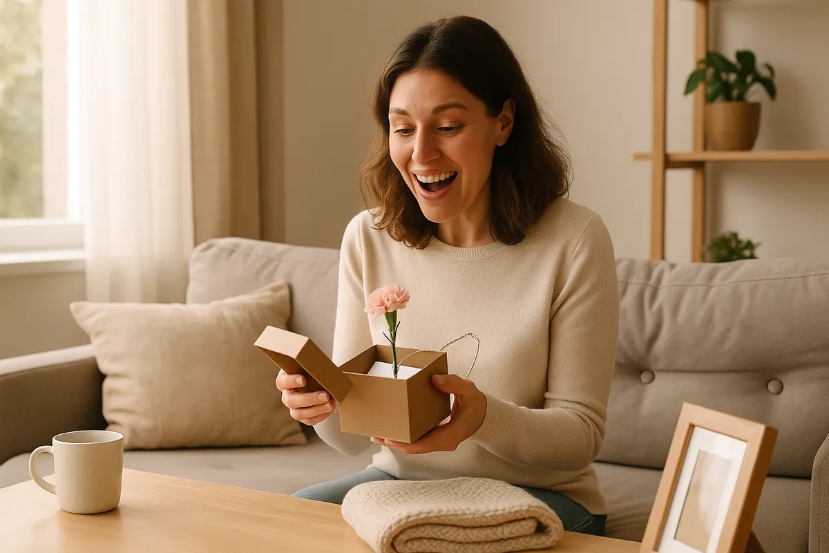 Mamá recibiendo un regalo con emoción en un ambiente hogareño y cálido