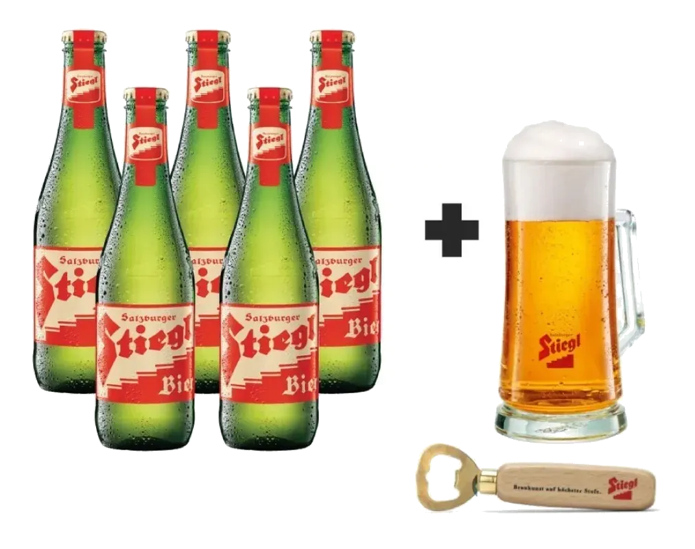 padre e hija pack de cervezas Stiegl con tarro para brindar y compartir