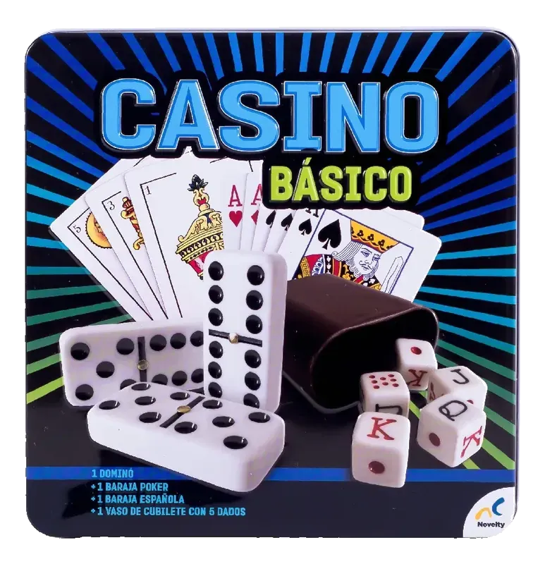 juegos de mesa tradicionales con dominó, barajas y dados en caja metálica estilo casino