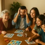 Familia mexicana jugando juegos de mesa tradicionales en casa
