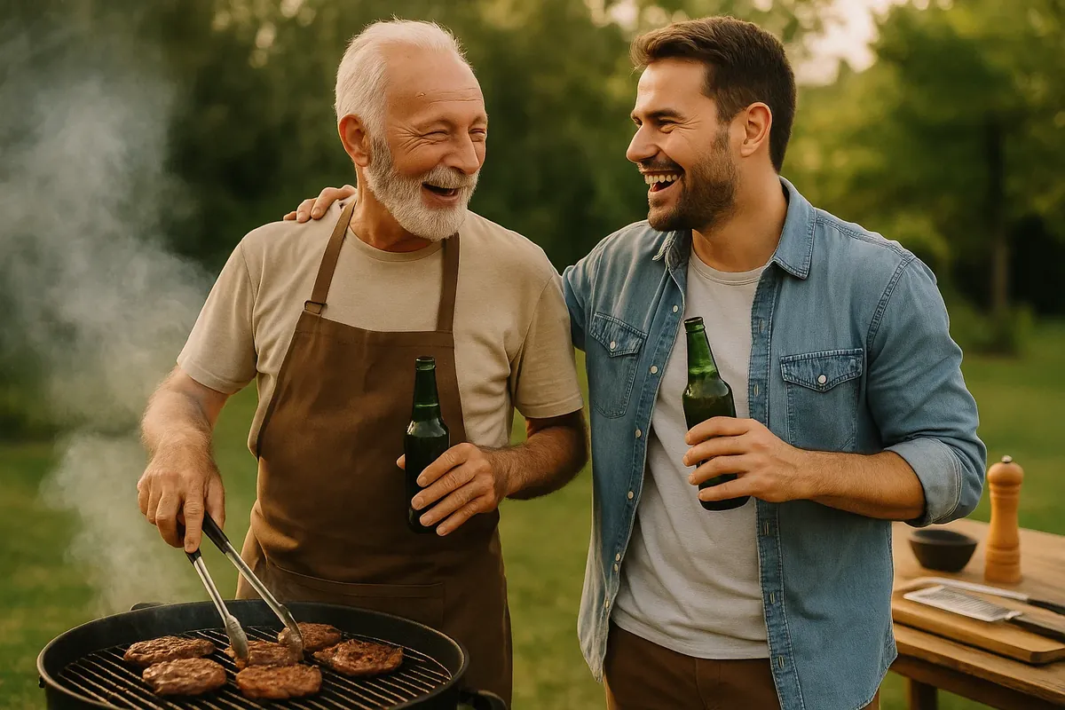 Padre e hijo compartiendo una parrillada juntos, riendo mientras cocinan al aire libre.