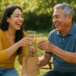 Padre e hija compartiendo un momento especial al aire libre, riendo juntos mientras disfrutan de una actividad en familia