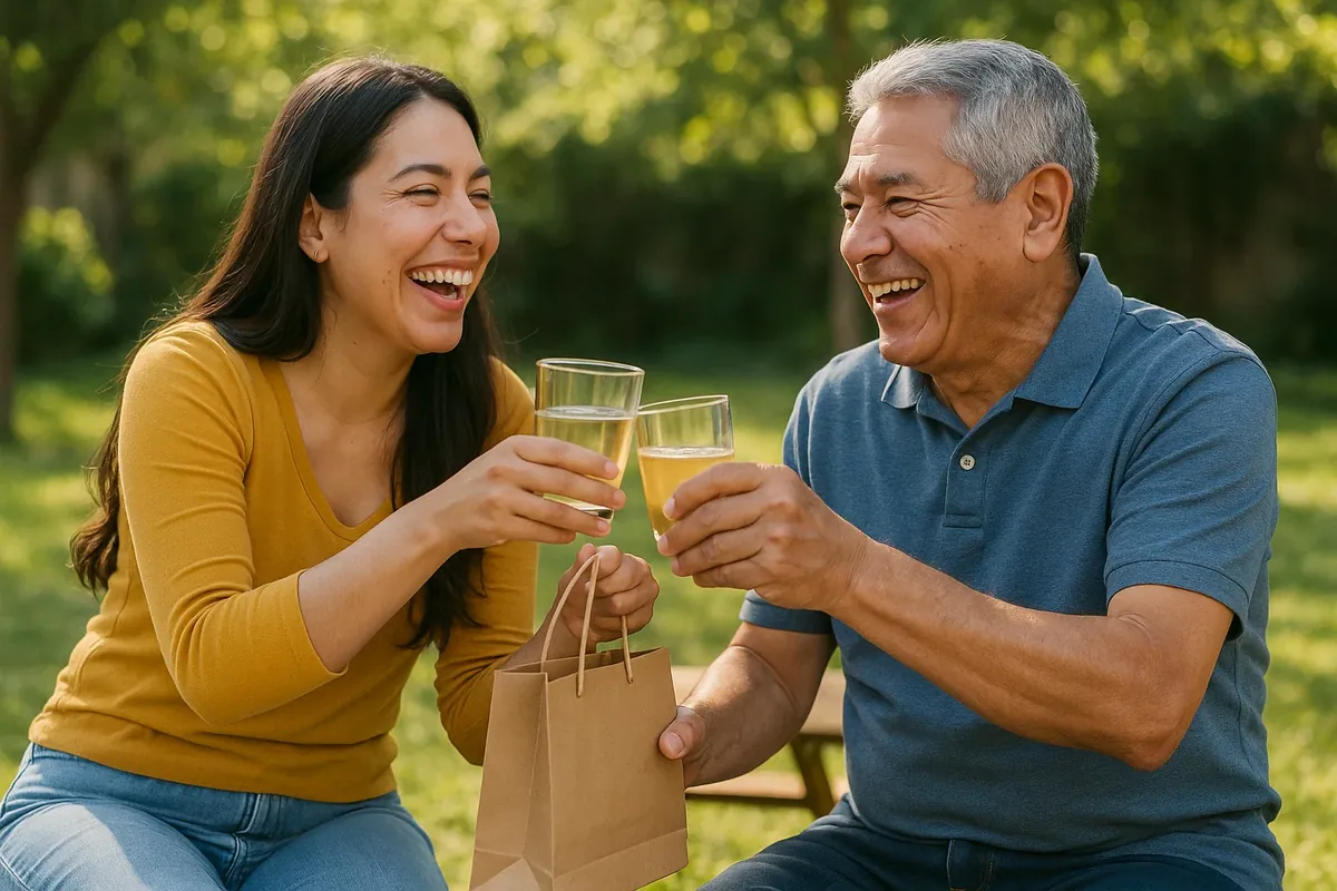 Padre e hija compartiendo un momento especial al aire libre, riendo juntos mientras disfrutan de una actividad en familia