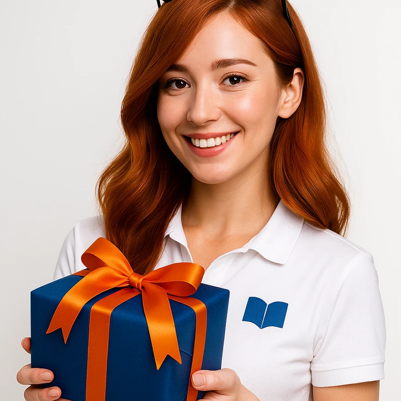 Nora sonríe mientras sostiene una caja de regalo azul con lazo naranja.