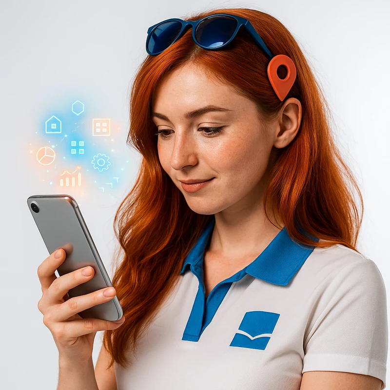 Nora observa un smartphone mientras hologramas azules y naranjas emergen de la pantalla.