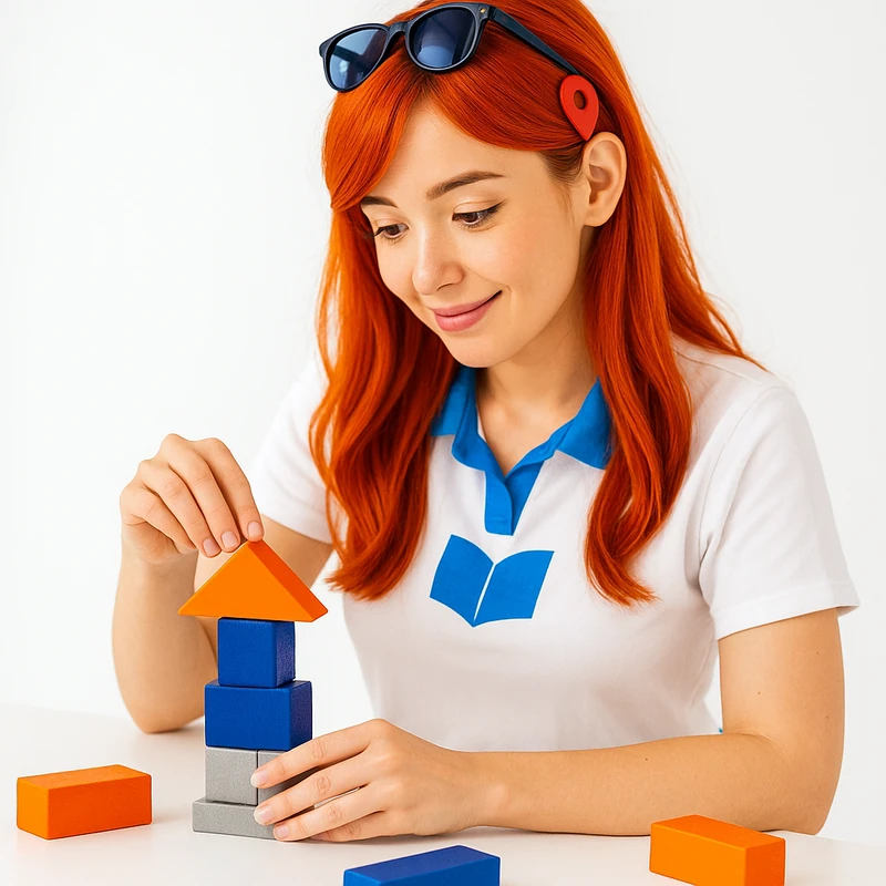 Nora arma bloques de colores sobre una mesa blanca con expresión enfocada y alegre.
