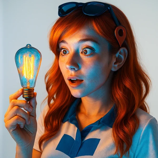 Nora sostiene un foco brillante con expresión de descubrimiento y asombro.