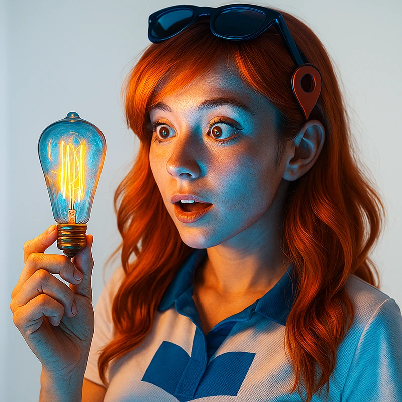 Nora sostiene un foco brillante con expresión de descubrimiento y asombro.