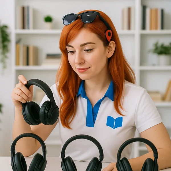 Nora compara tres productos sobre una mesa blanca en su taller moderno.