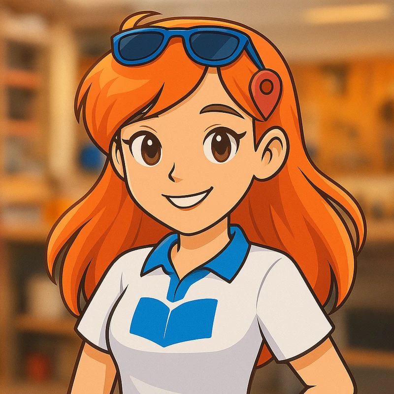 Nora animada sonríe con amabilidad en un entorno blanco de taller creativo.