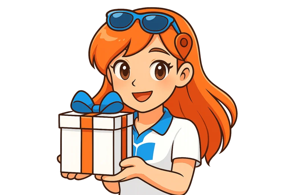 Nora, la anfitriona de Where N How, sonríe mientras ofrece un regalo elegantemente envuelto en papel azul y lazo naranja.