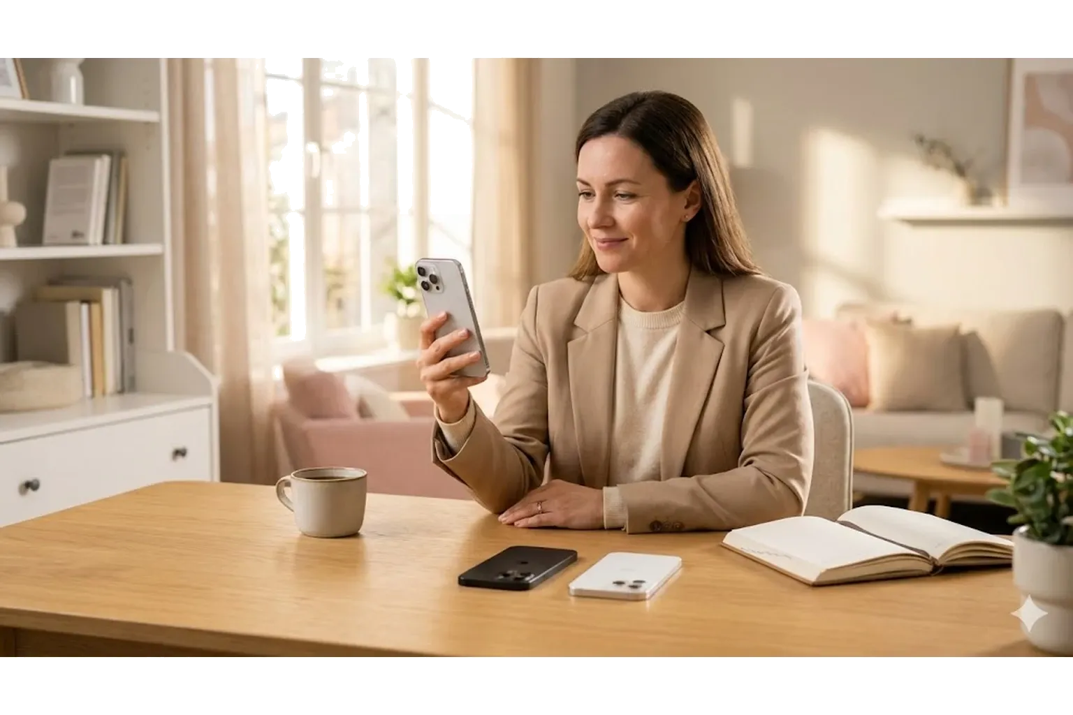 Mujer elegante sentada en su sala explorando un iPhone mientras compara otros modelos sobre la mesa.